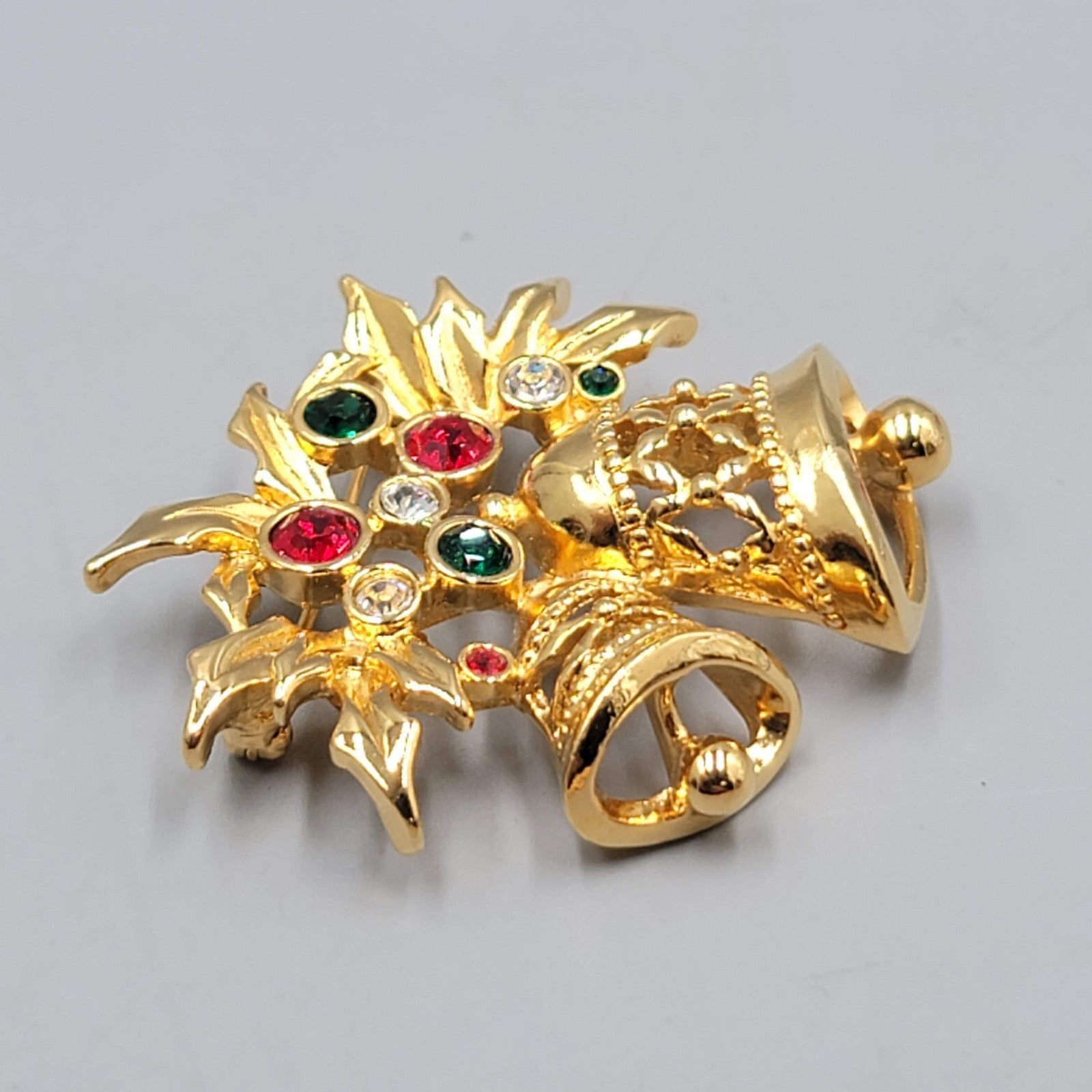 Vintage Avon Christmas Bells Brooch Gold Plated Rhinestone  2"