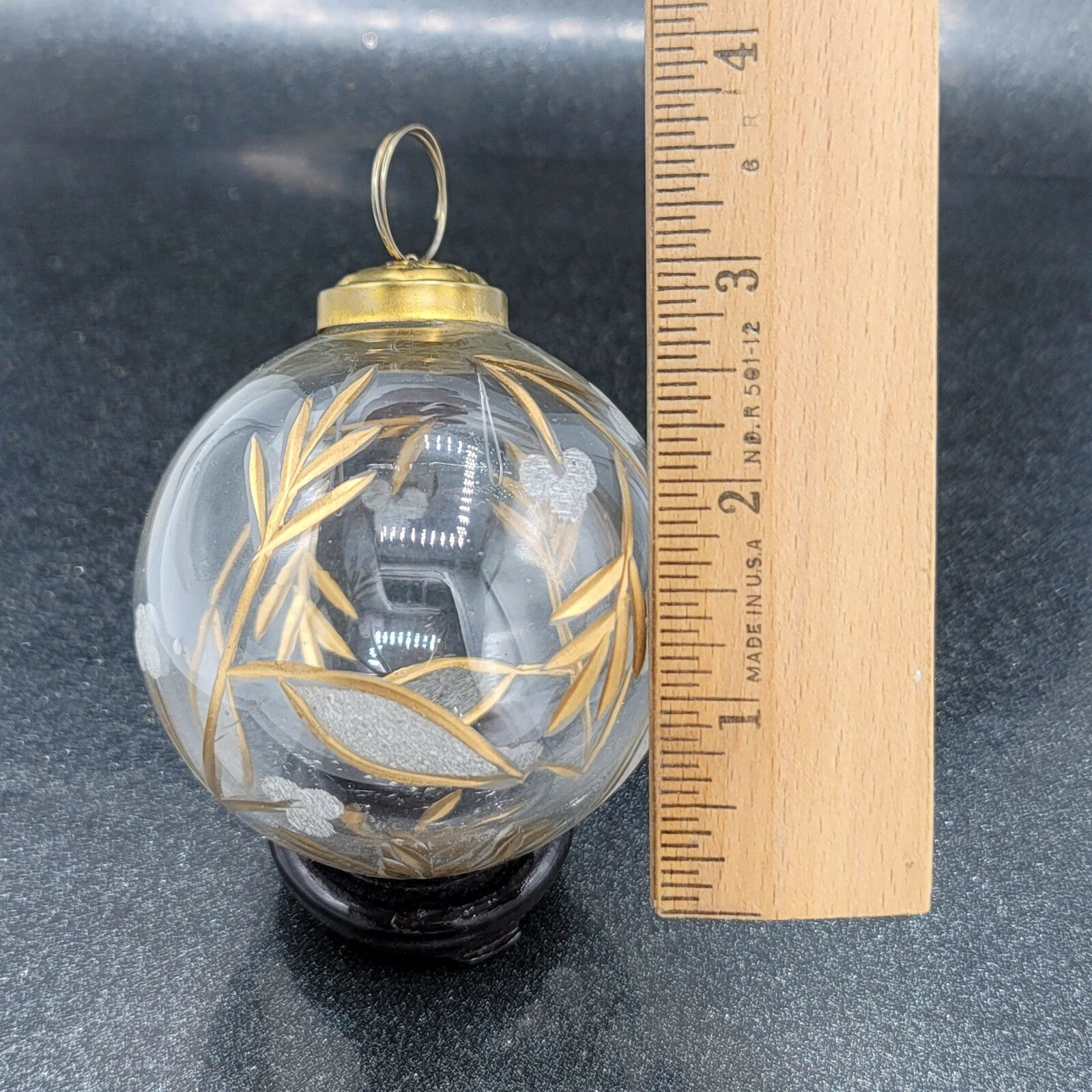 Vintage Kugel Style Etched Design Christmas Ornament 3 in Clear & Gold