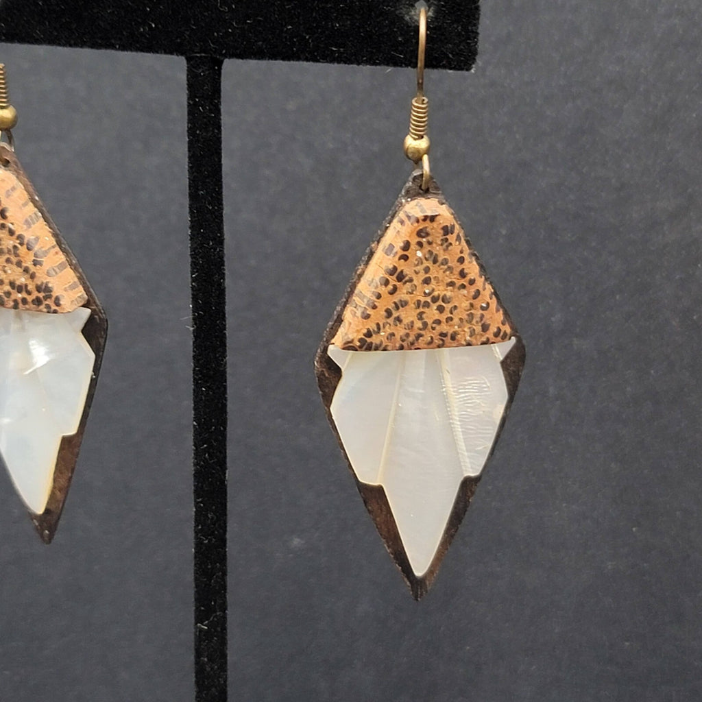 Vintage Pierced Earrings Wood Mother of Pearl Unique Hand Carved Dangle 2 1/8"