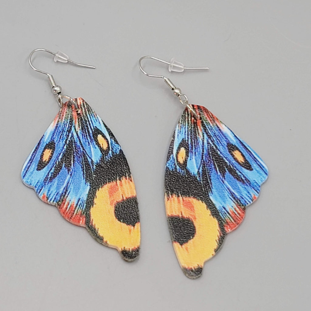 Butterfly Wing Pierced Earrings Blue Orange Statement Dangle 2.25"