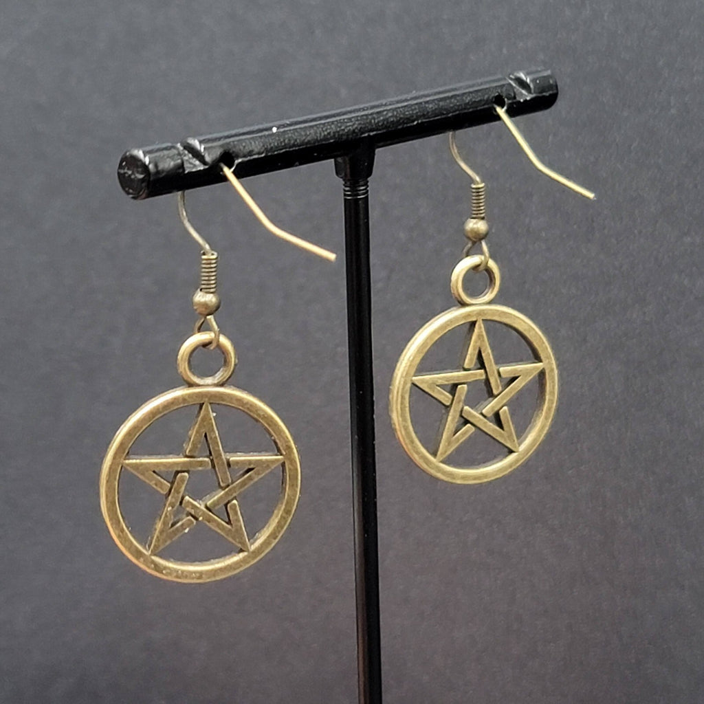 New Pentagram Pierced Earrings Pentacle Star Bronze tone Dangle 1"