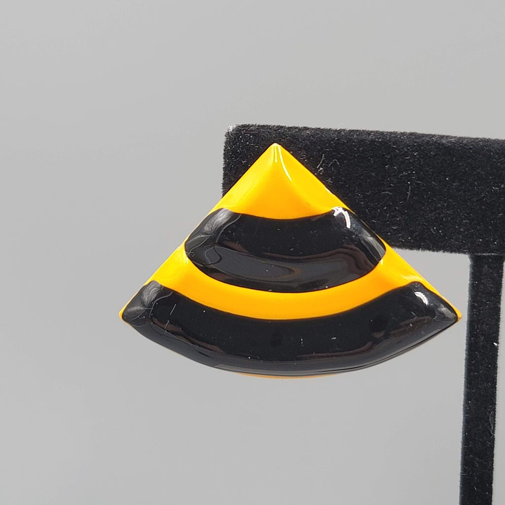 Vintage Pierced Earrings Yellow Black Enamel Triangle Drop Statement 80s 1 1/8"