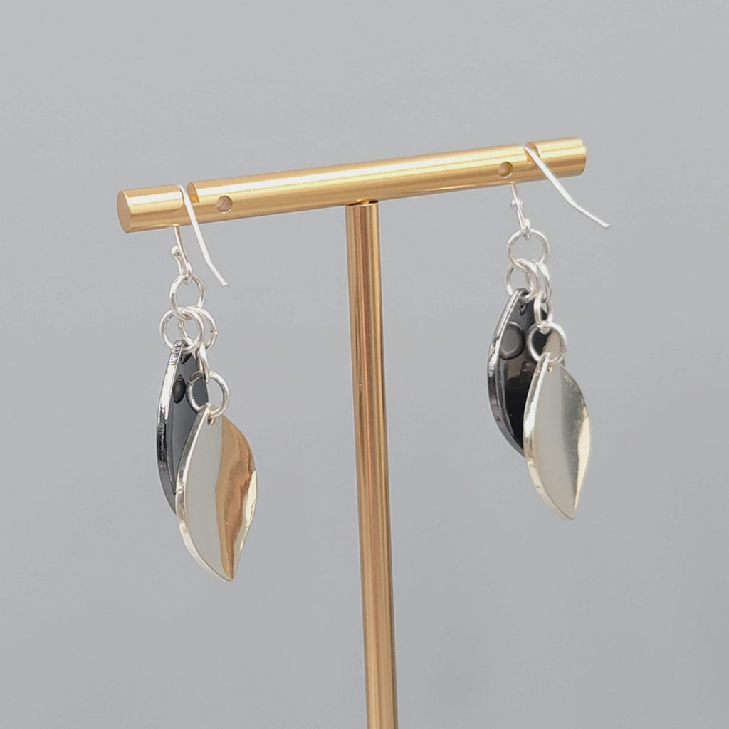 Pierced Earrings Gunmetal and Silver tone Layered Dangle 1.5"