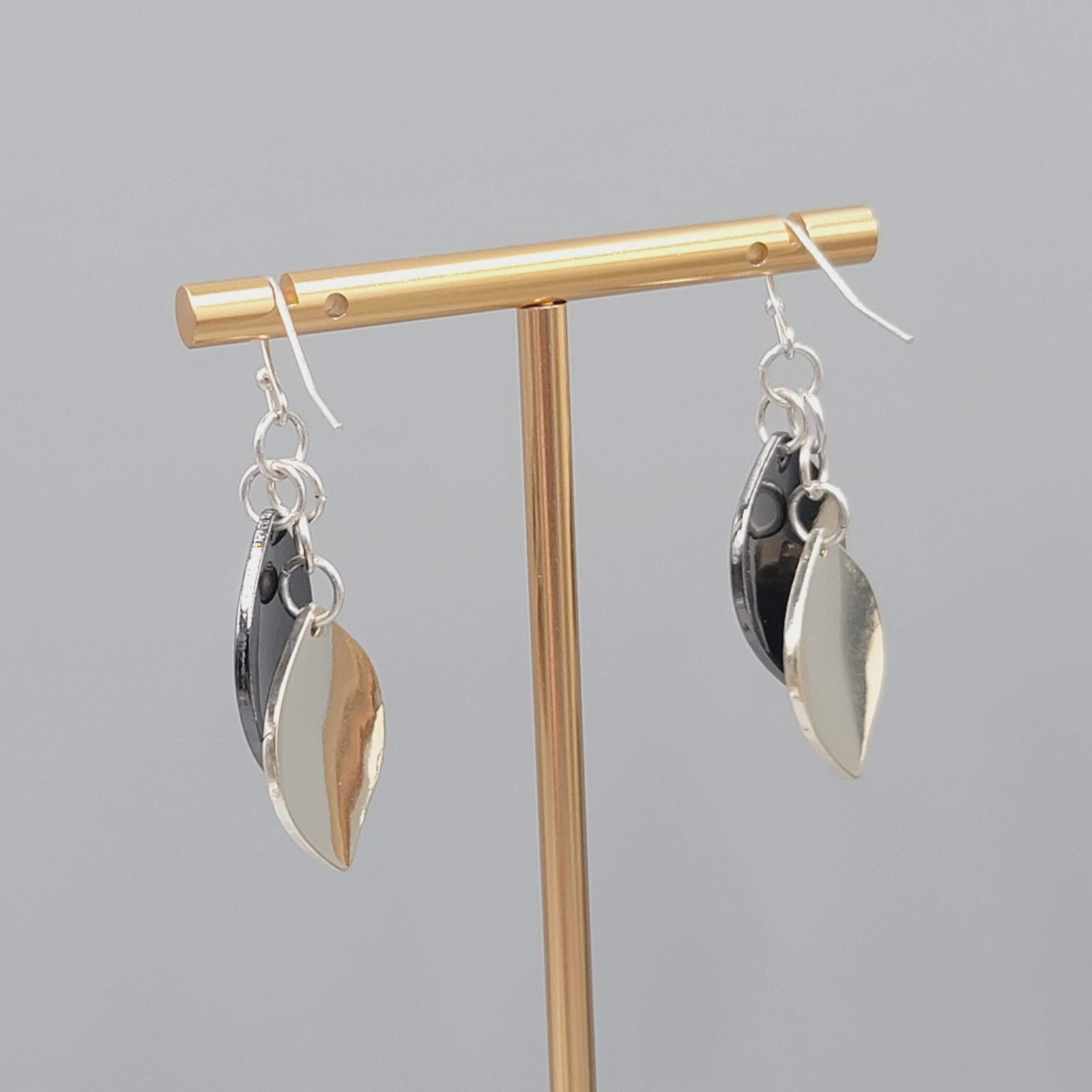 Pierced Earrings Gunmetal and Silver tone Layered Dangle 1.5"