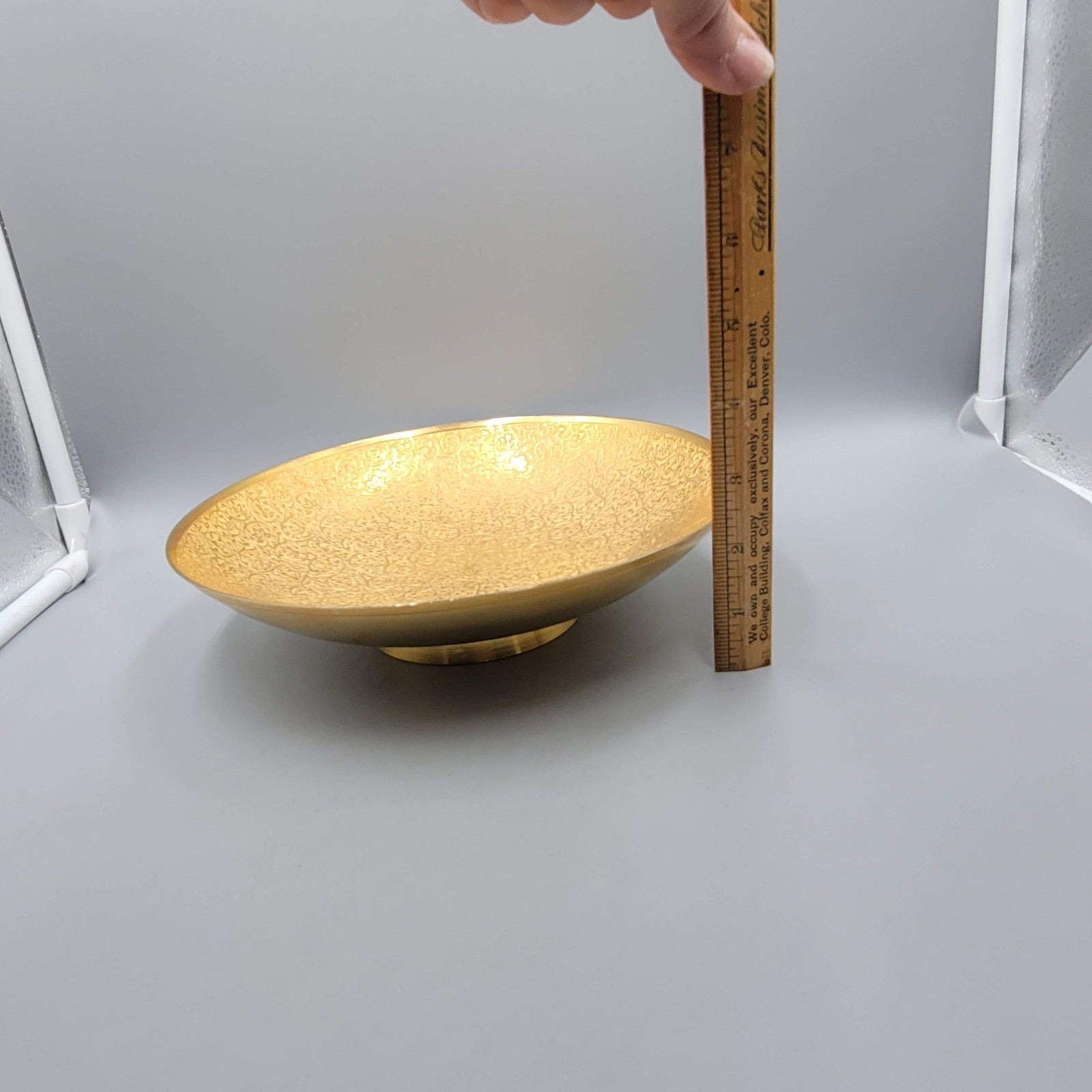 Etched Brass Bowl Gold Tone Floral Arabesque Footed Decorative Dish 9.25"