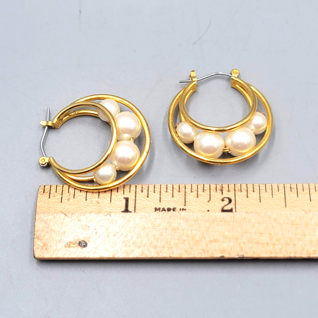 Vintage Hoop Pierced Earrings Caged White Beads Gold tone Dangle 1.25 in
