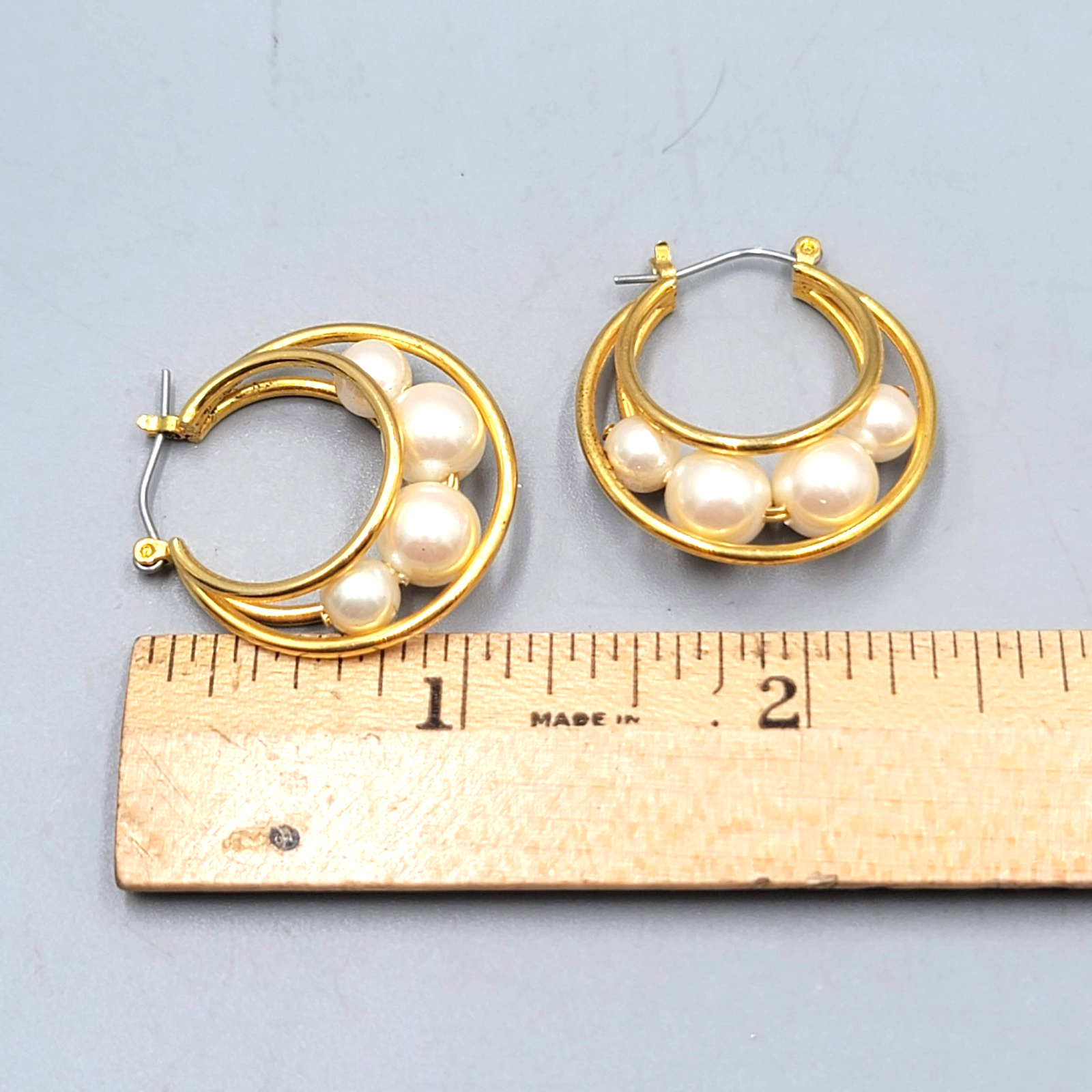 Vintage Hoop Pierced Earrings Caged White Beads Gold tone Dangle 1.25 in