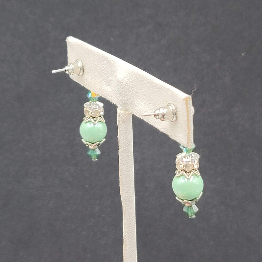 Pierced Earrings Silver tone Green Capped Beaded Dangle 1"