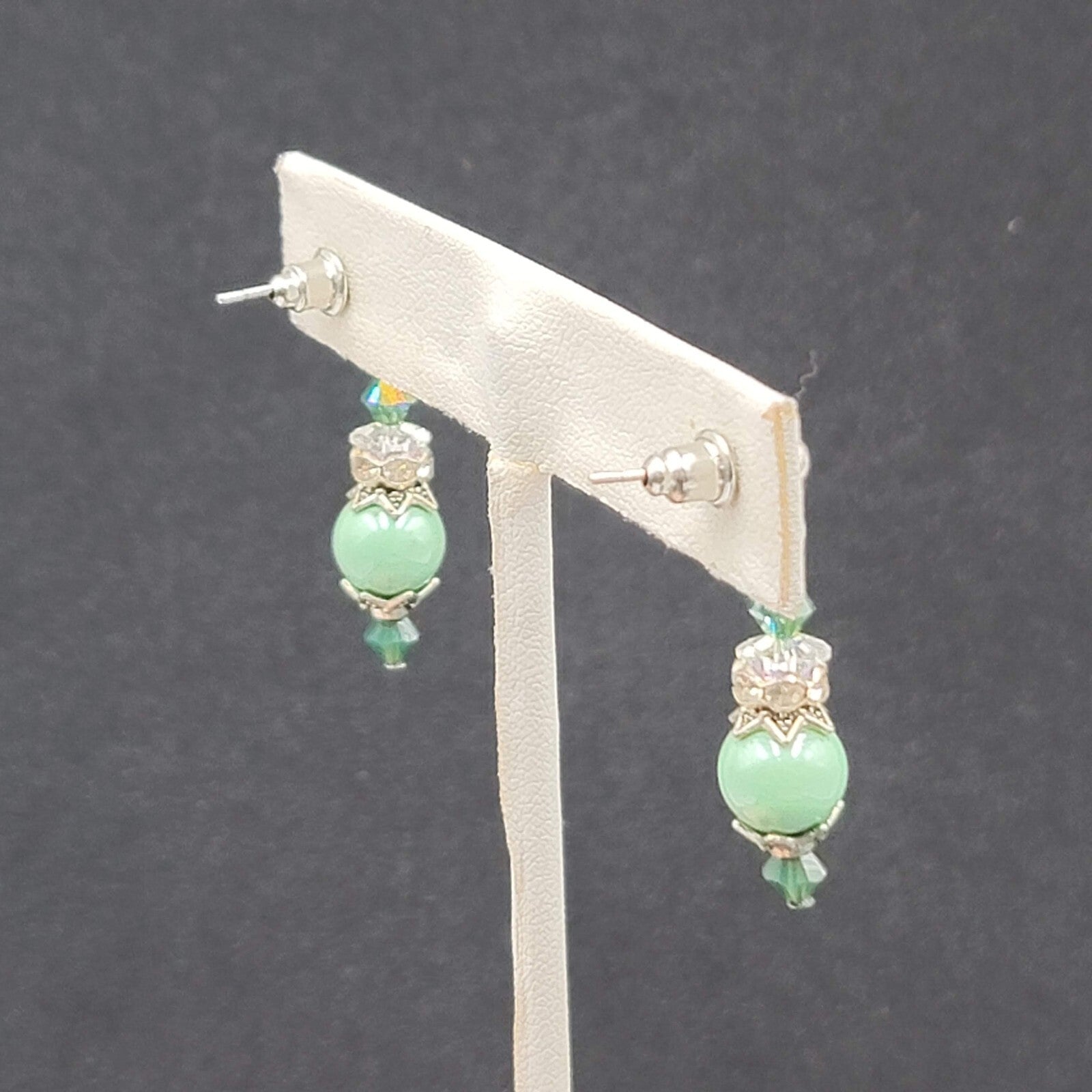 Pierced Earrings Silver tone Green Capped Beaded Dangle 1"
