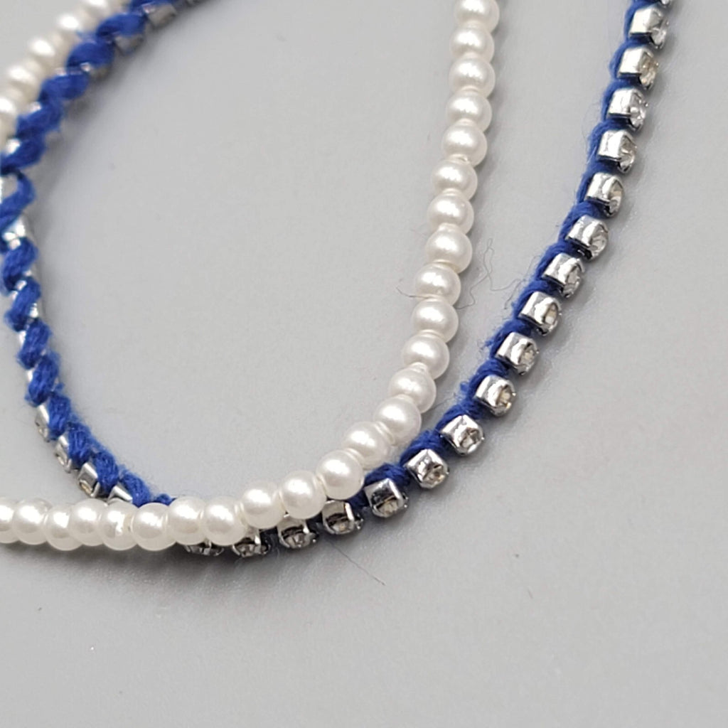 Ann Taylor Bracelet Blue White Bead Silver tone Rhinestone 6.5" - 7" - 7.5" Adj