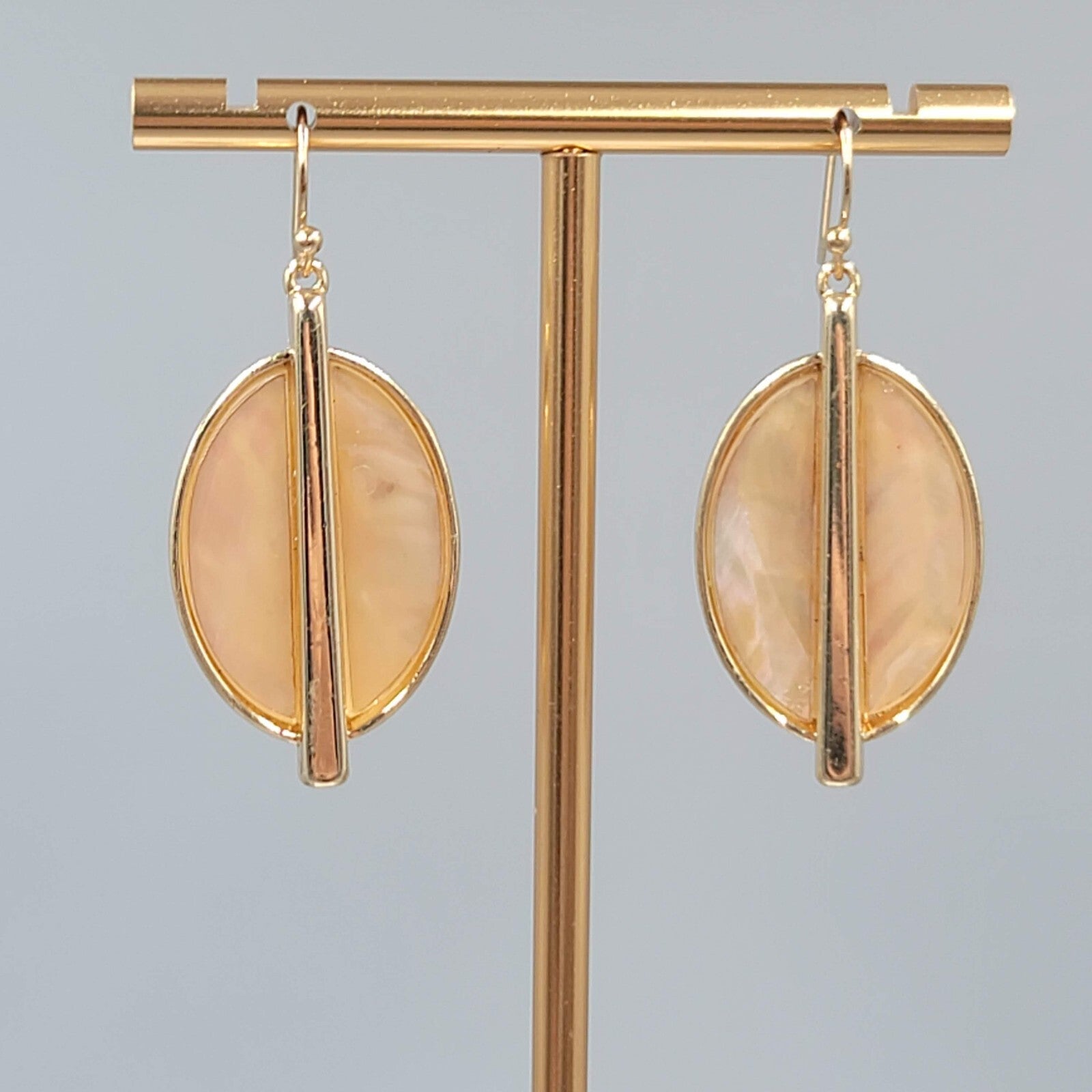 Oval Pierced Earrings Gold tone Dangle Peach Iridescent 1.5"