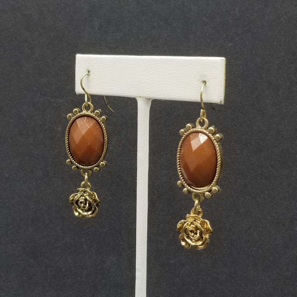 Pierced Earrings Gold tone Brown Sparkle Acrylic Flower Dangle 1 3/4"