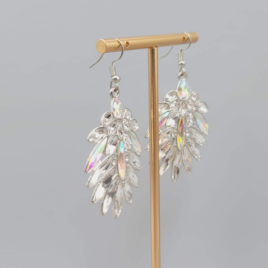 Statement Pierced Earrings Silver tone AB Rhinestones Dangle 2"