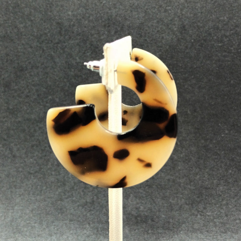 Pierced Earrings Brown Speckled Acrylic Wide Half Hoop Drop 1 5/8"