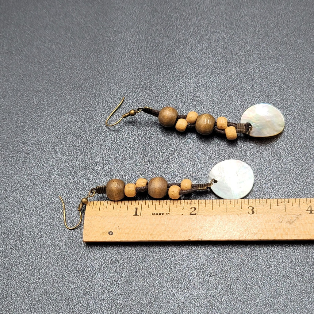 Boho Pierced Earrings Brown Cord Wooden Bead Shell Dangle 3"
