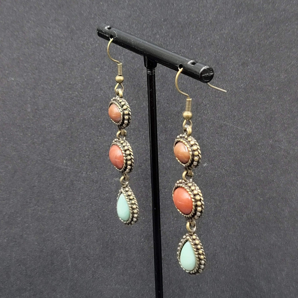 Pierced Earrings Bronze tone Dark Red Light Blue Dangle 2"