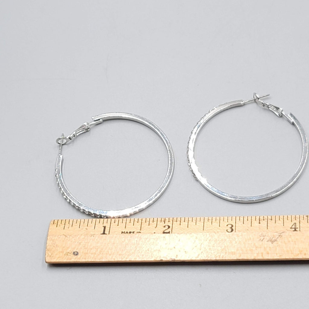 Rhinestone Hoop Pierced Earrings Silver toen Large 1 7/8"