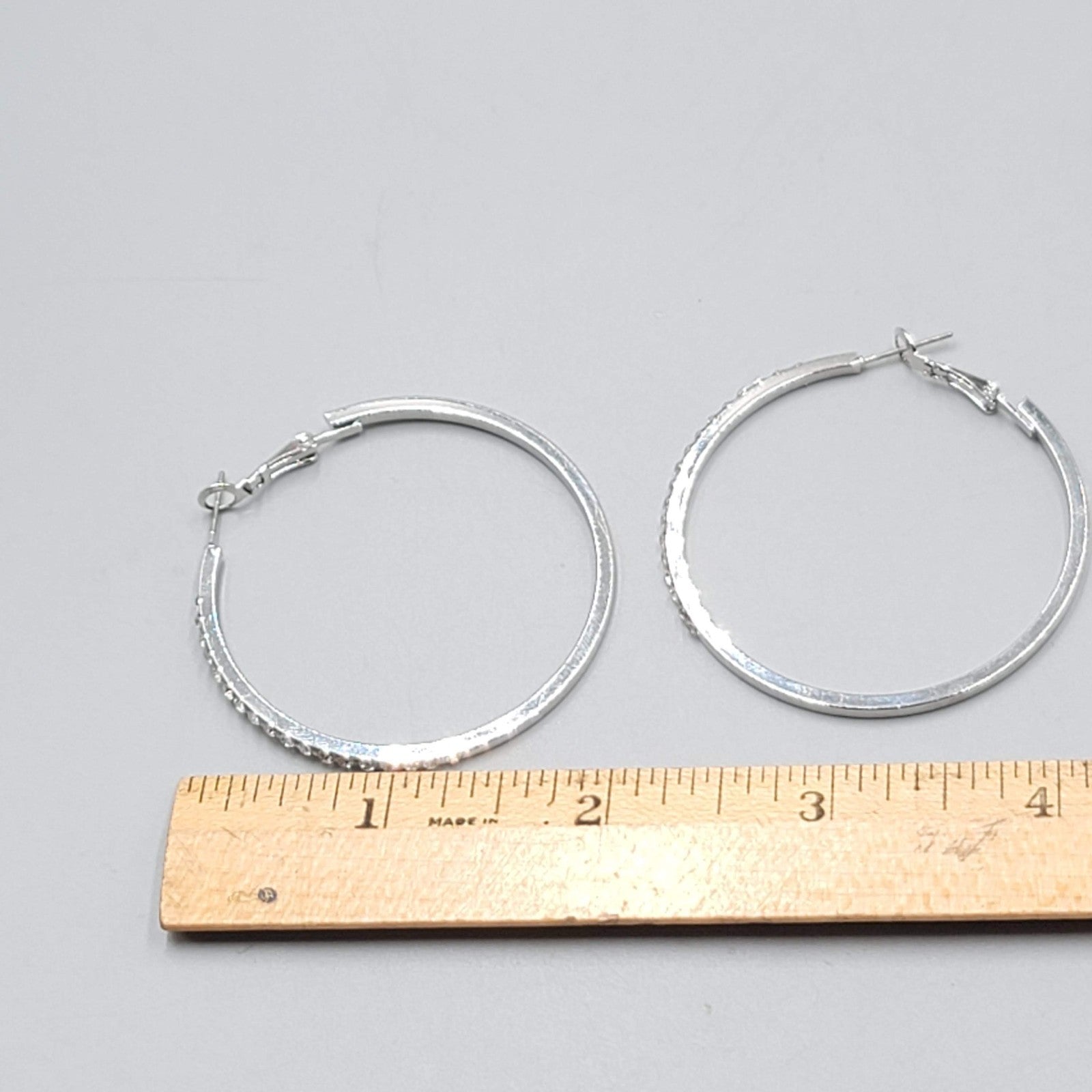Rhinestone Hoop Pierced Earrings Silver toen Large 1 7/8"