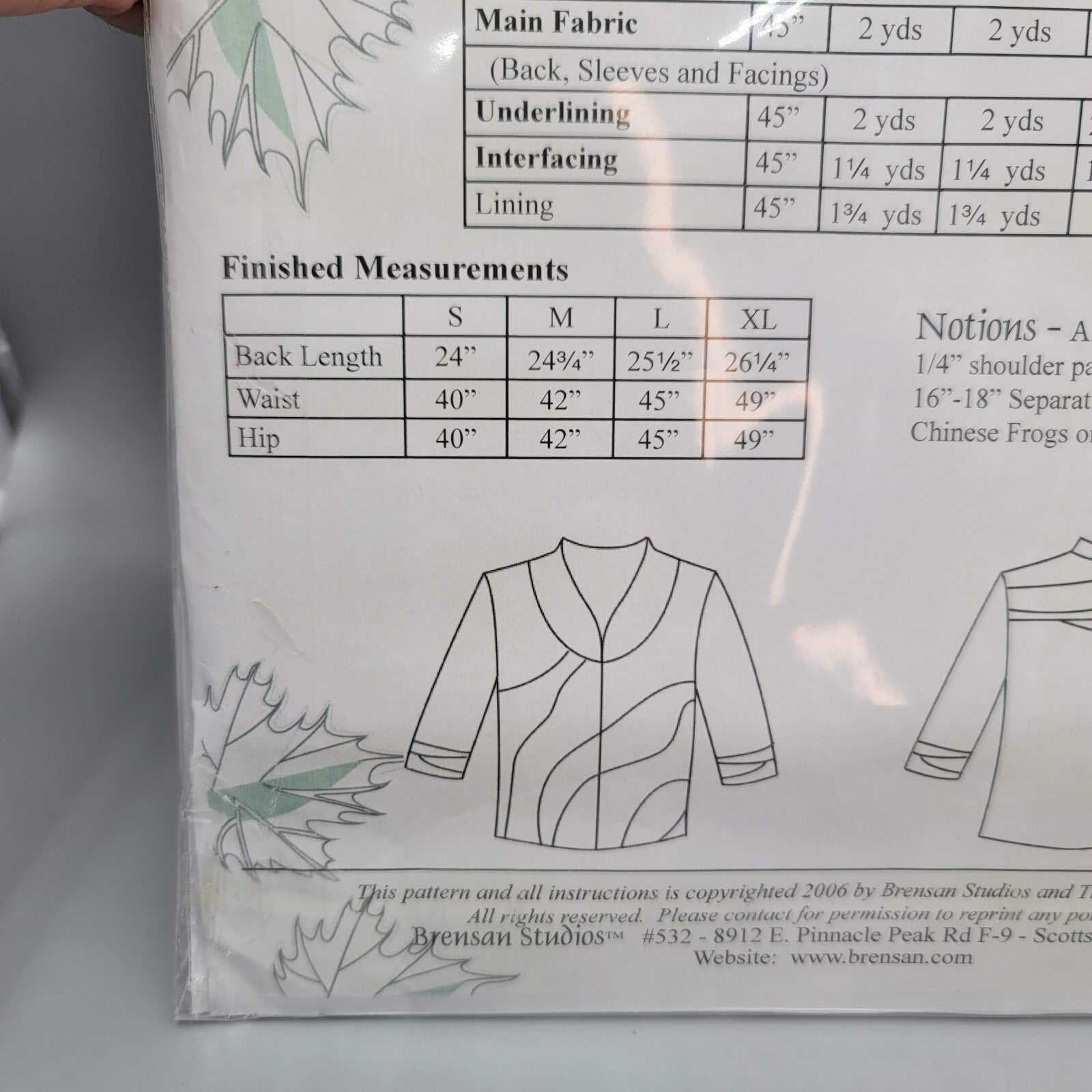 Brensan Studios Topanga Jacket Sewing Pattern BSS115 ~ S-XL  NEW