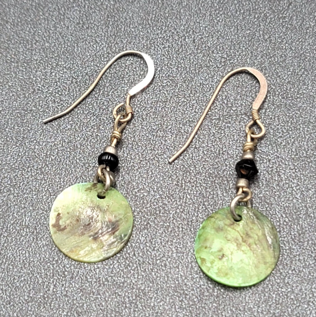 Pierced Earrings Sterling Silver Hooks Green Shell Dangle 1.25"