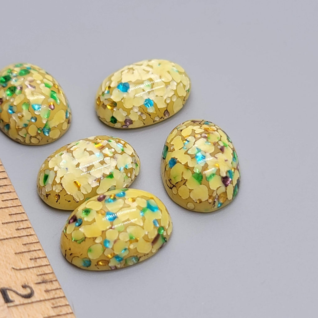Vintage Glass Domed Cabochons Loose Lot of 5 Yellow Confetti