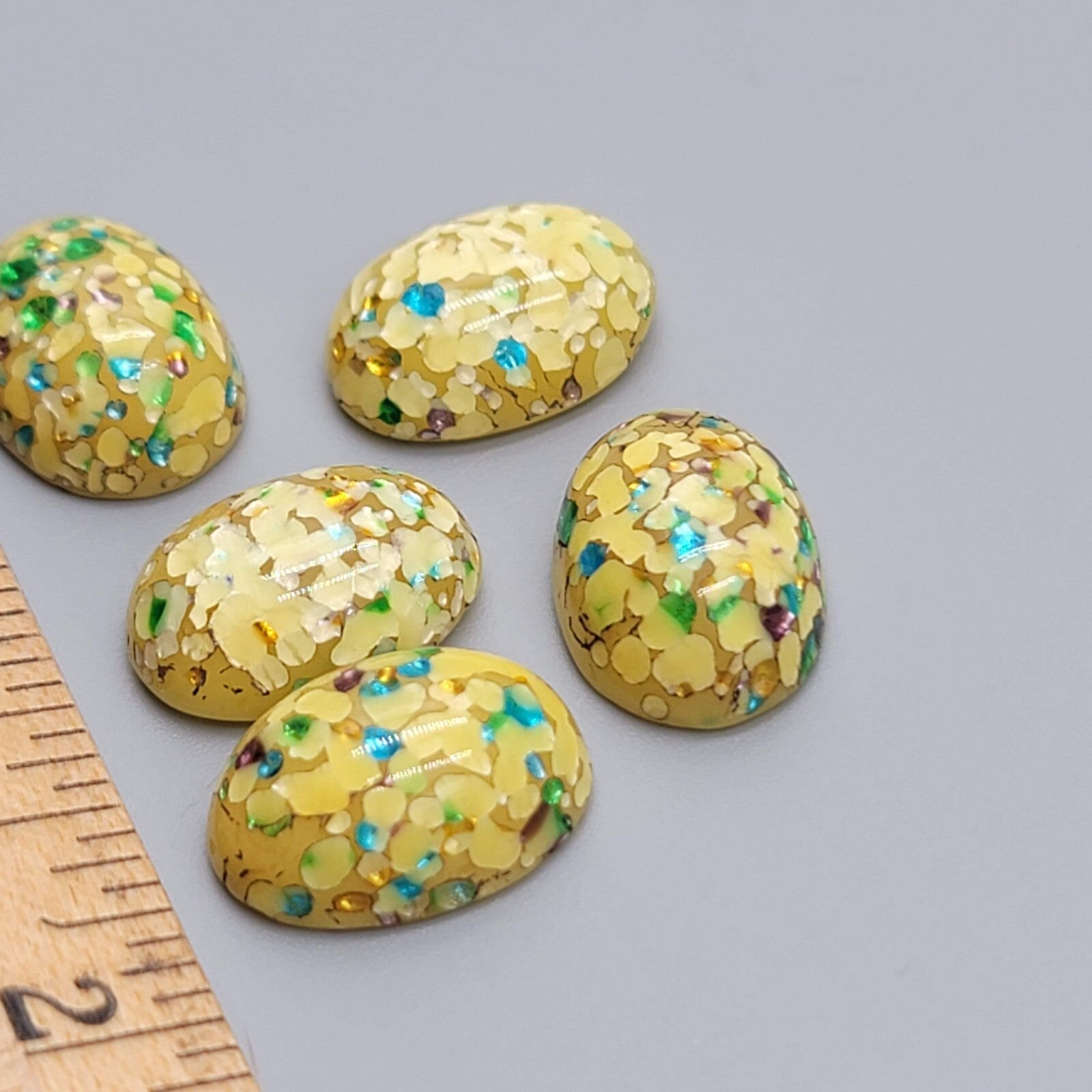 Vintage Glass Domed Cabochons Loose Lot of 5 Yellow Confetti
