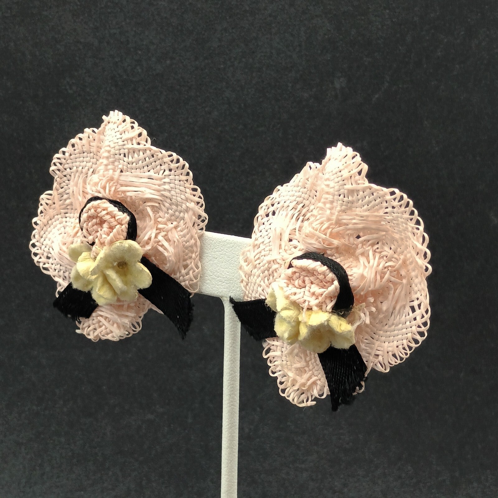 Vintage Clip on Earrings Pink Fabric Hat White Flower Statement Drop 2"