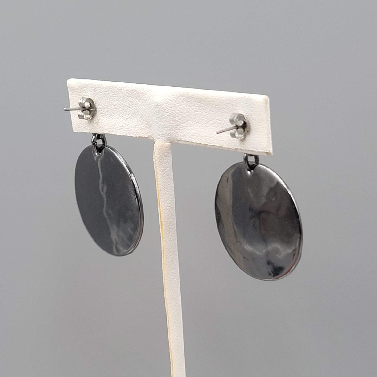 Black Metal Statement Pierced Earrings Rhinestone Round Dangle 1 5/8"
