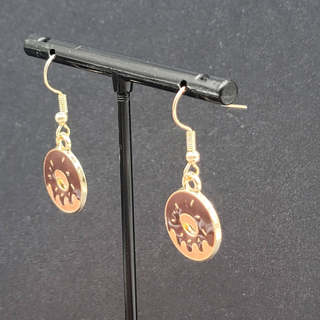 Chocolate Donut Pierced Earrings Gold tone Dangle New 3/4"