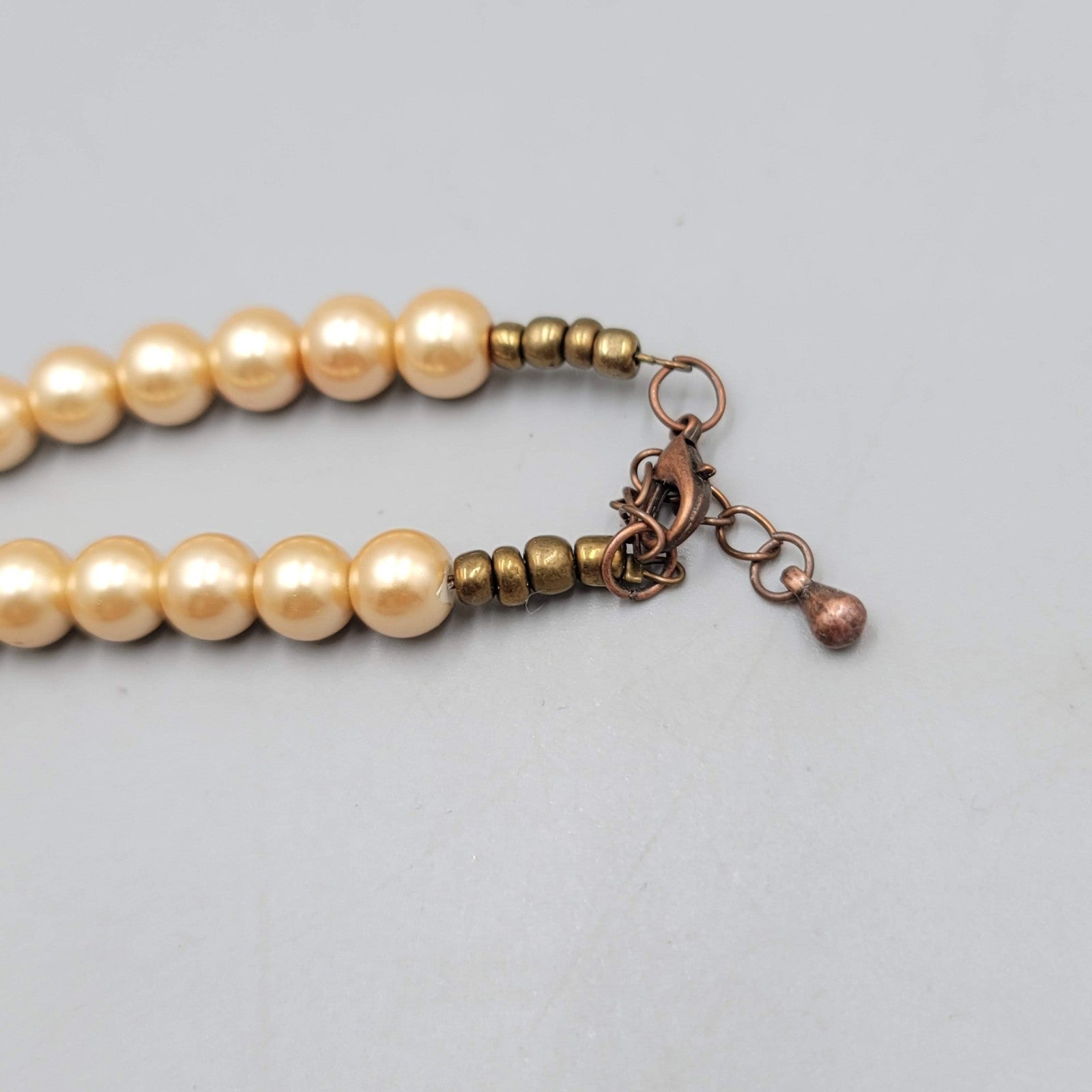Bead Necklace Imitation Pearl Wood and Copper Mesh Beads  18"