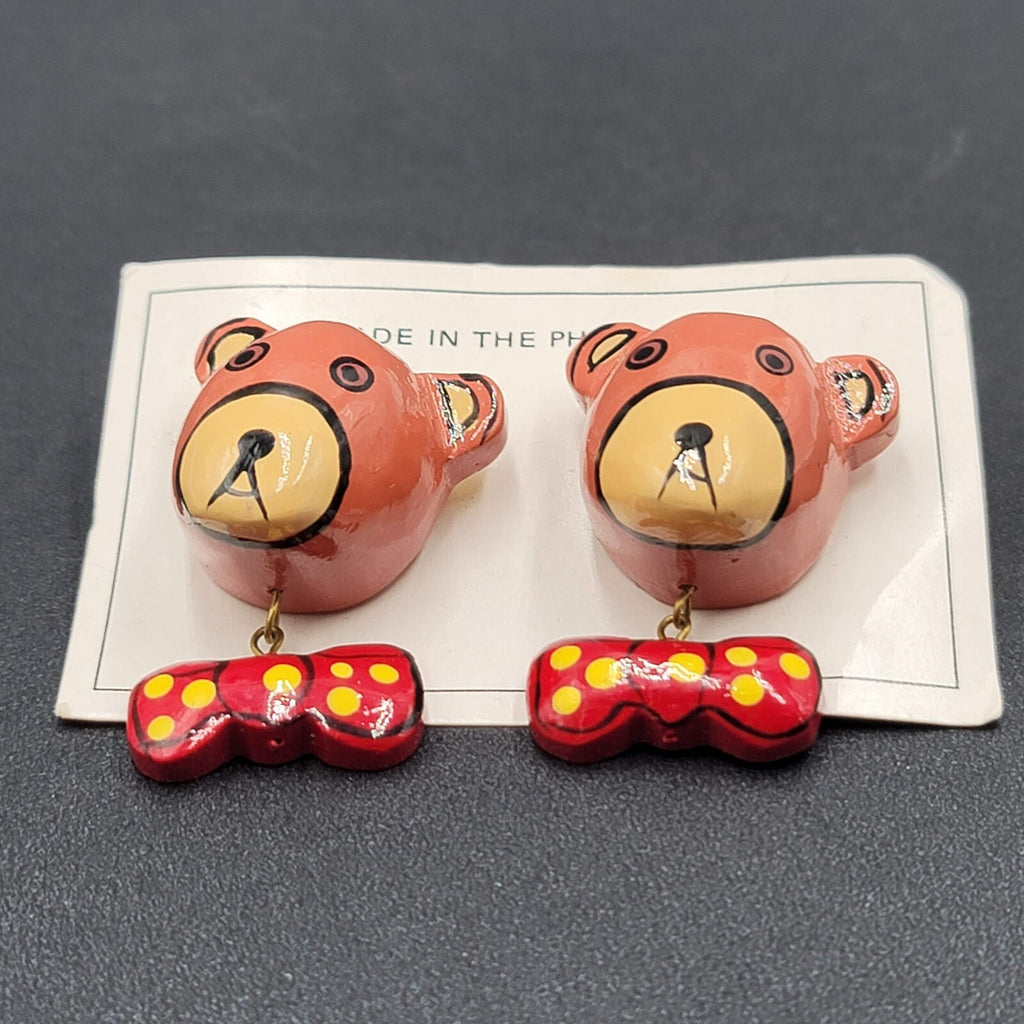 Vintage Pierced Earrings Painted Wood Bowtie Dog Dangle 1.5" NOS