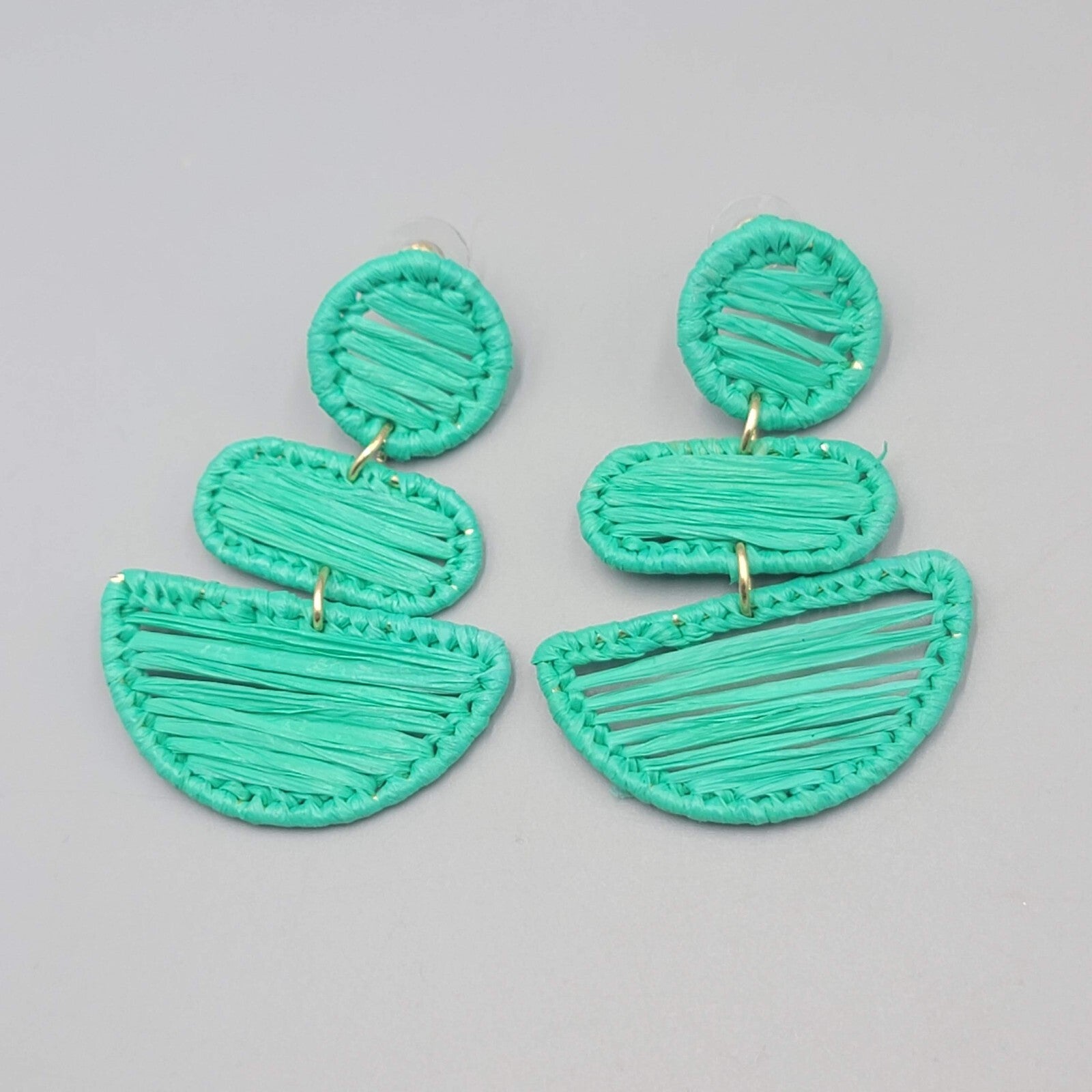 Green Rattan Pierced Earrings Statement Dangle 2.5"