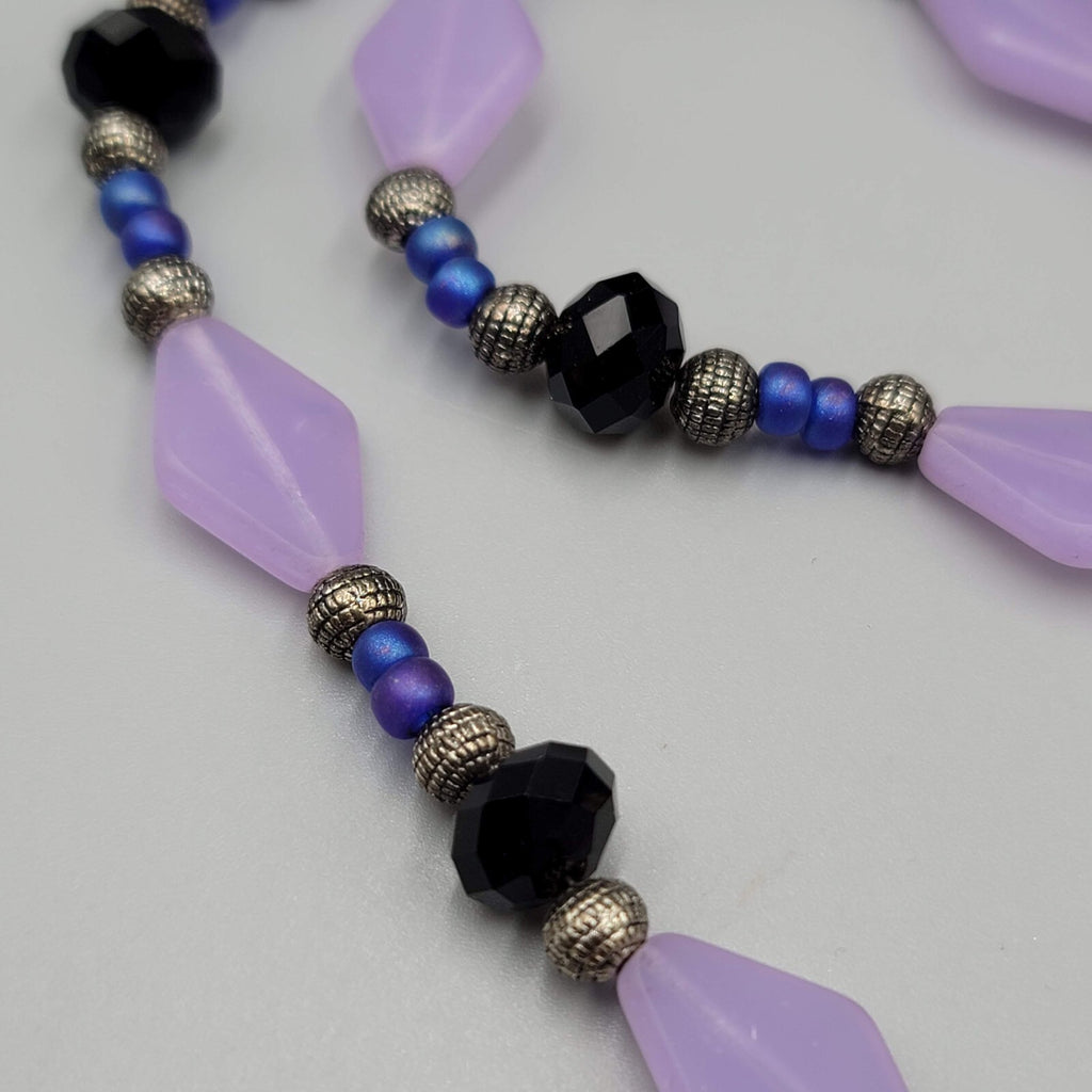 Purple Bead Pendant NecklaceSilver tone Black Beads  22"