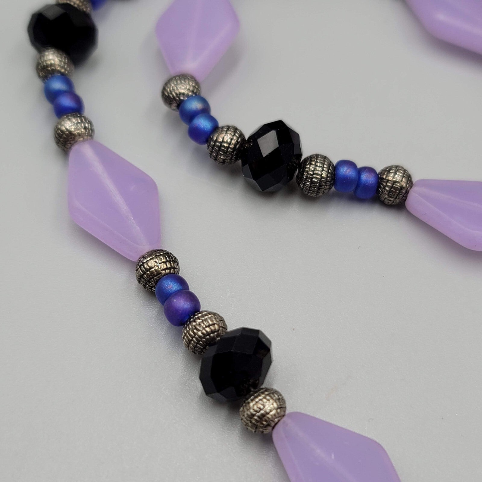 Purple Bead Pendant NecklaceSilver tone Black Beads  22"