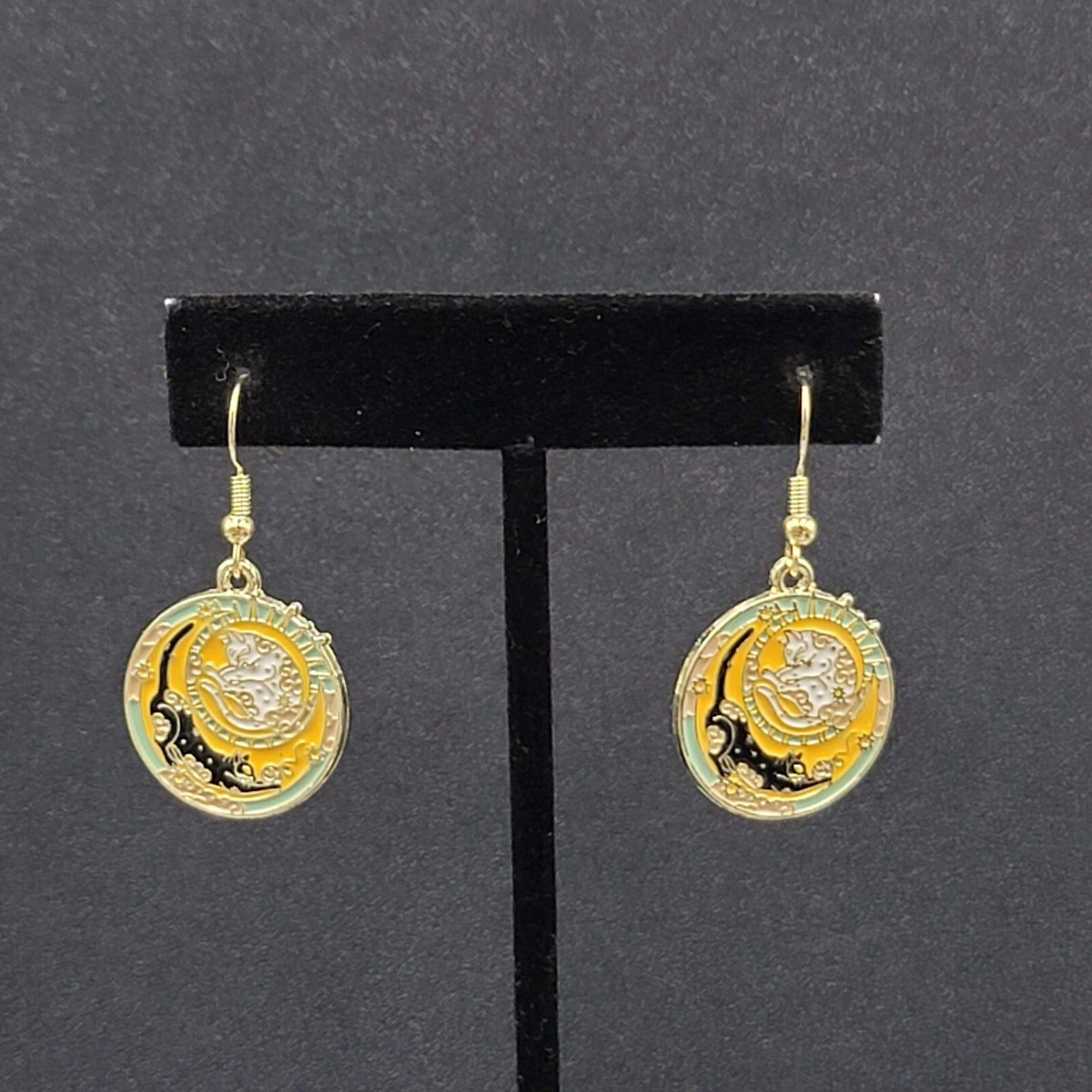 Pierced Earrings Gold tone Enamel Black Cat White Cat Sun Moon Dangle 1"