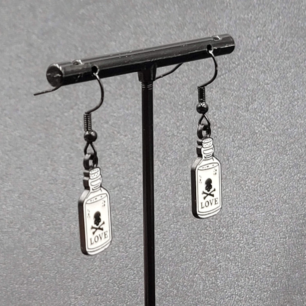 Love Poison Pierced Earrings Black White Enamel Dangle 7/8" 