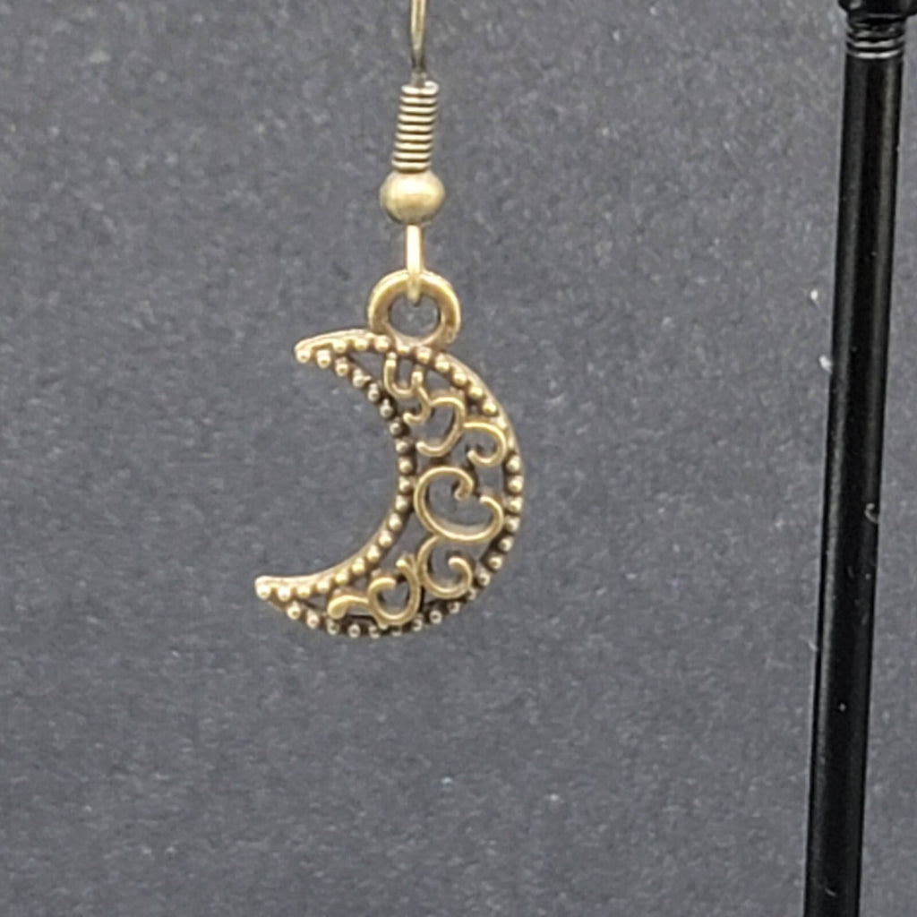 New MOON Pierced Earrings Bronze tone Open Work Metal Dangle 5/8"