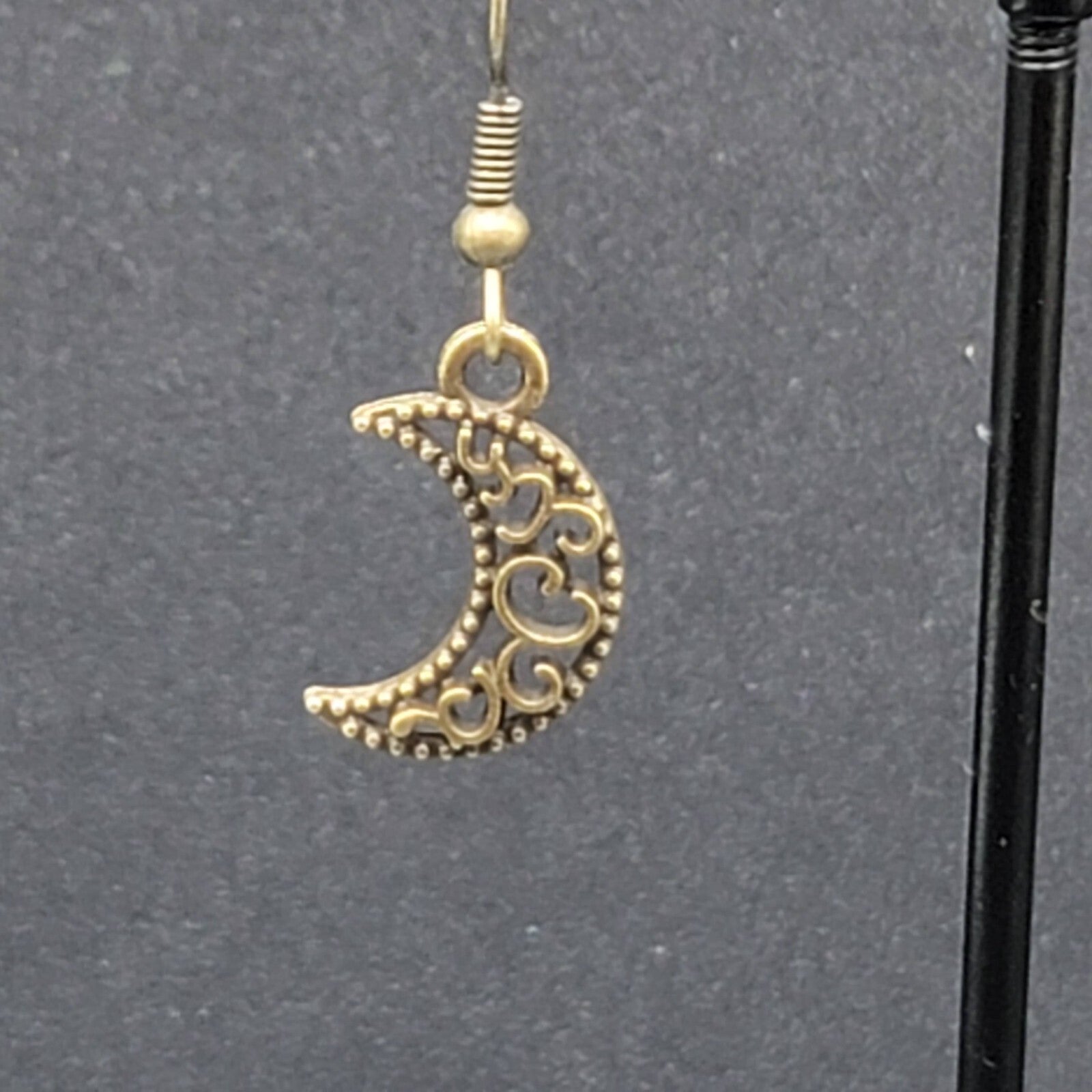 New MOON Pierced Earrings Bronze tone Open Work Metal Dangle 5/8"
