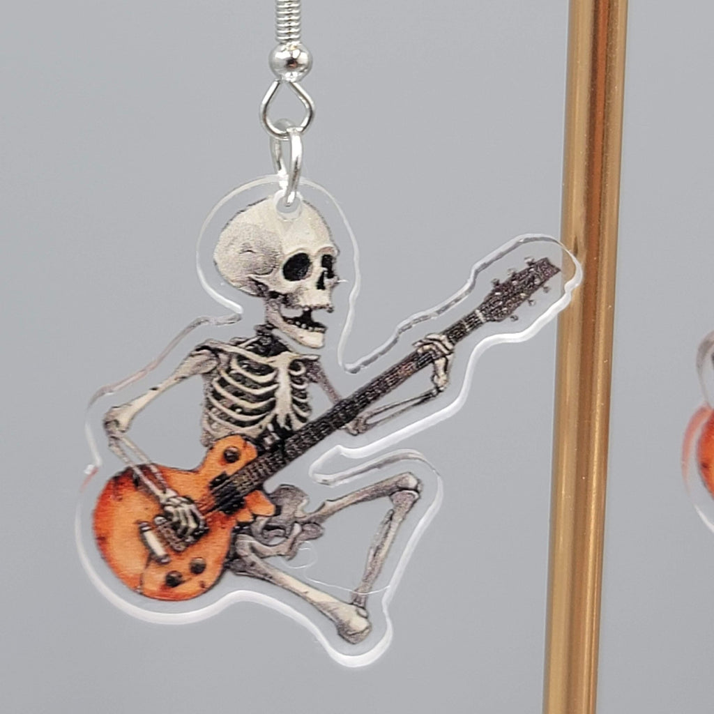 Halloween Skeleton Electric Guitar Pierced Earrings Silver tone Dangle 1.5 in