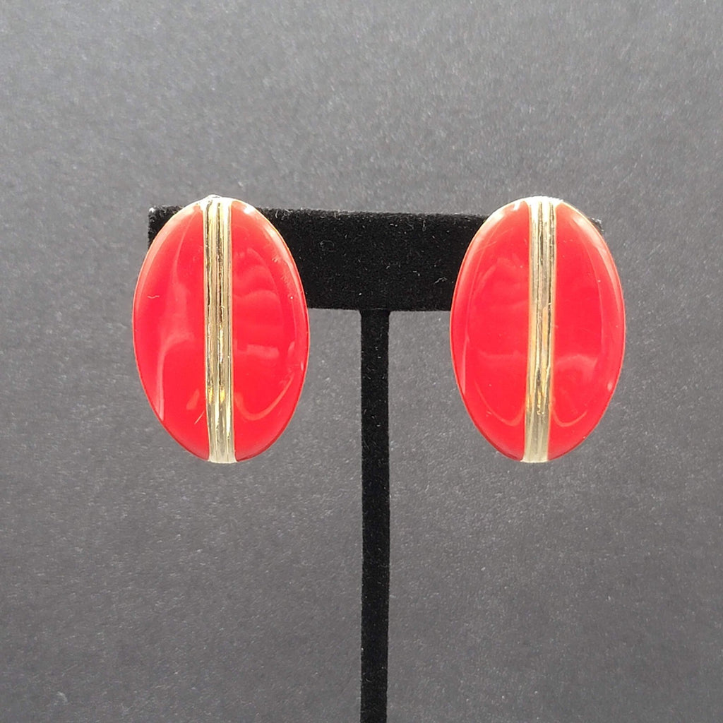 Vintage Clip on Earrings Red Enamel Gold tone Oval Drop Lightweight 1.5"