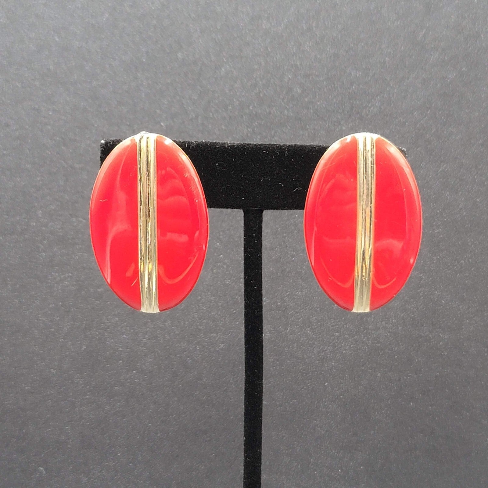 Vintage Clip on Earrings Red Enamel Gold tone Oval Drop Lightweight 1.5"