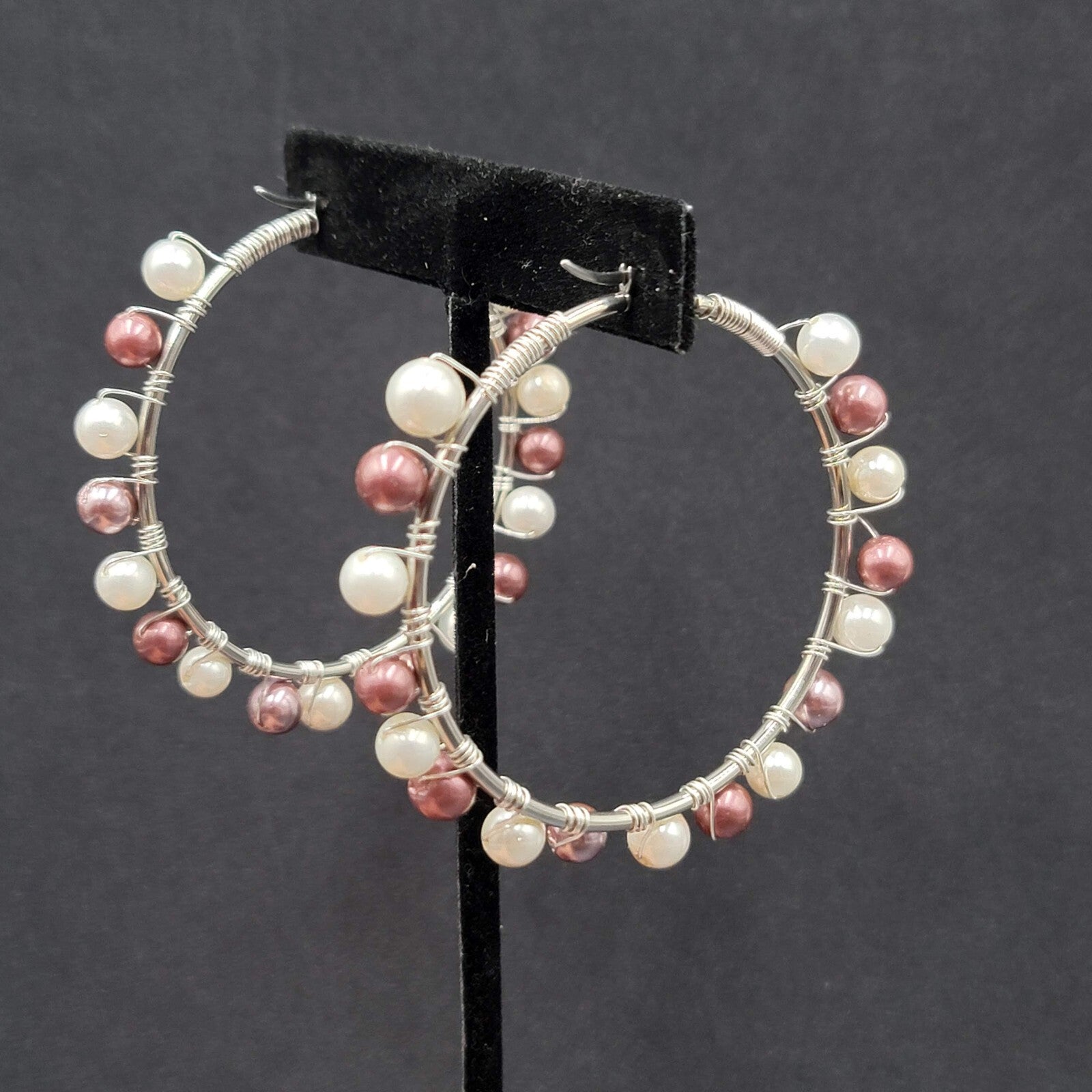 Pierced Earrings Silver tone Purple White Beaded Large Hoops 2.25"