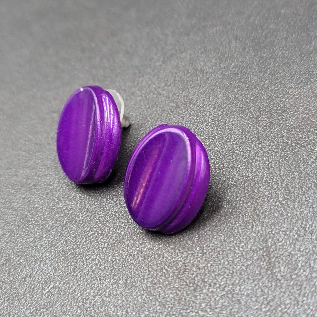 Vintage Pierced Earrings Dark Purple Enamel over Metal Oval Studs 3/4"