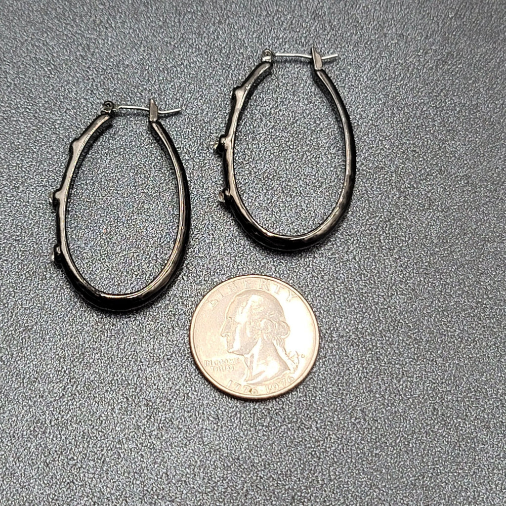 Pierced Earrings Black Metal Crystal Rhinestone Studded Oval Hoops 1 5/8"