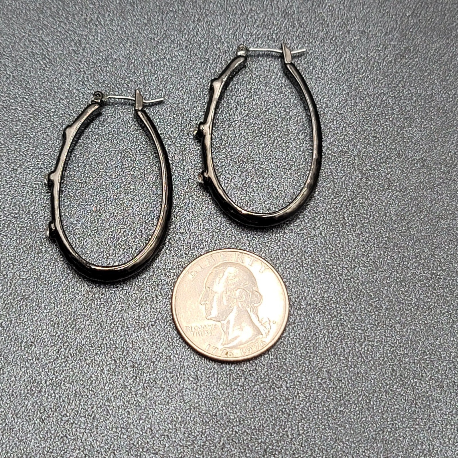 Pierced Earrings Black Metal Crystal Rhinestone Studded Oval Hoops 1 5/8"