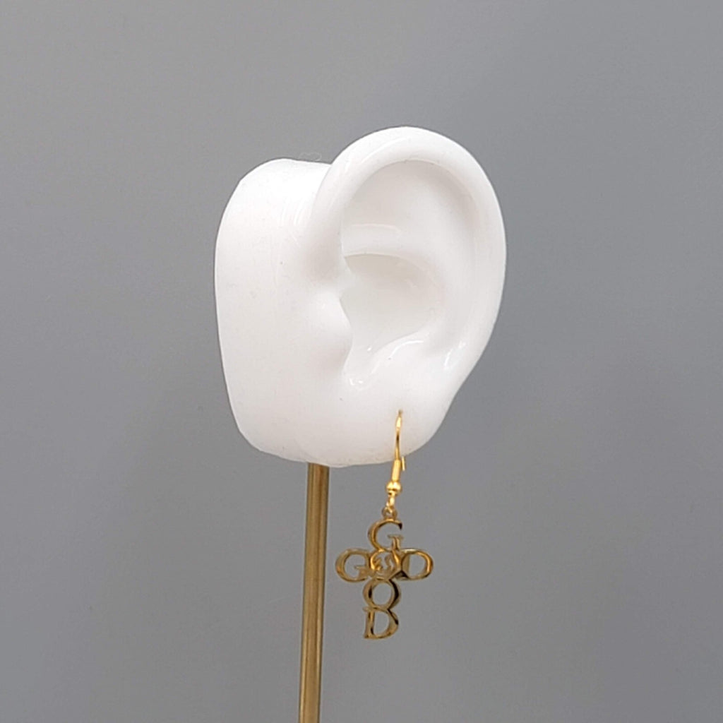God is Good Cross Pierced Earrings Gold tone Dangle 1"