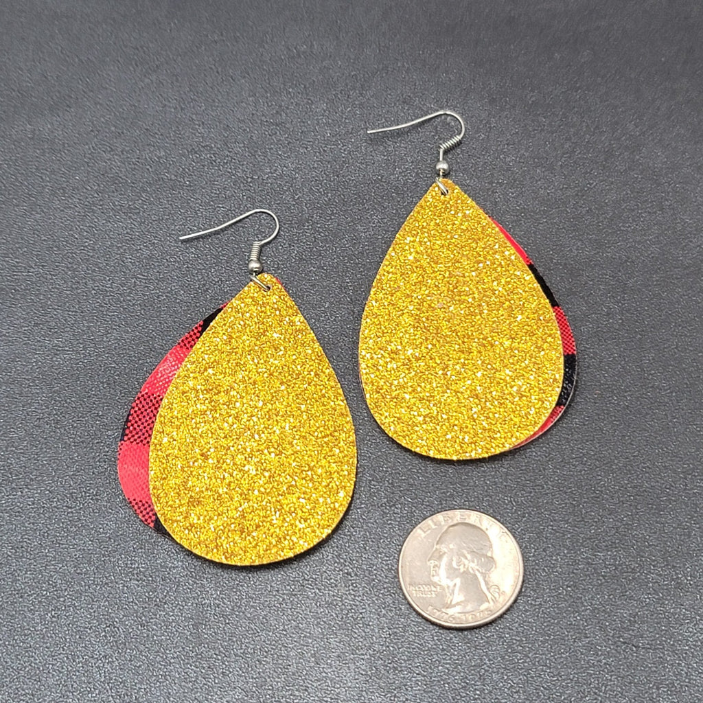 Pierced Earrings Faux Leather Gold Glitter Tree Red Plaid Silvertone Dangle 2.5"