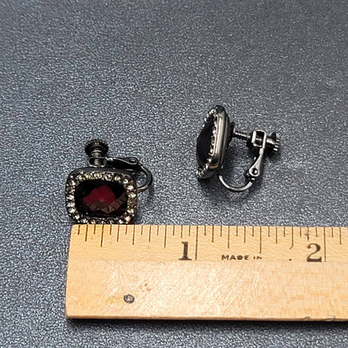 Clip on Earrings Black Metal Red Acrylic Clear Rhinestone Stud  1/2"