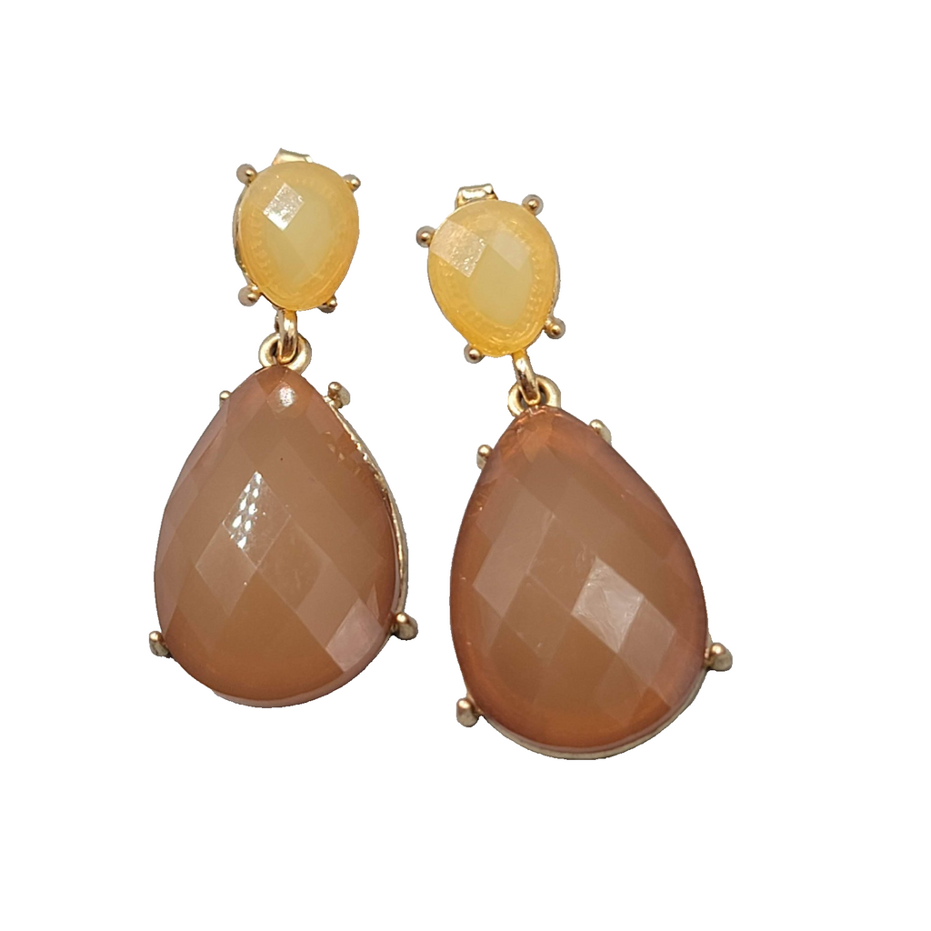 Yellow Brown Teardrop Pierced Earrings Gold tone Dangle 1.75 in