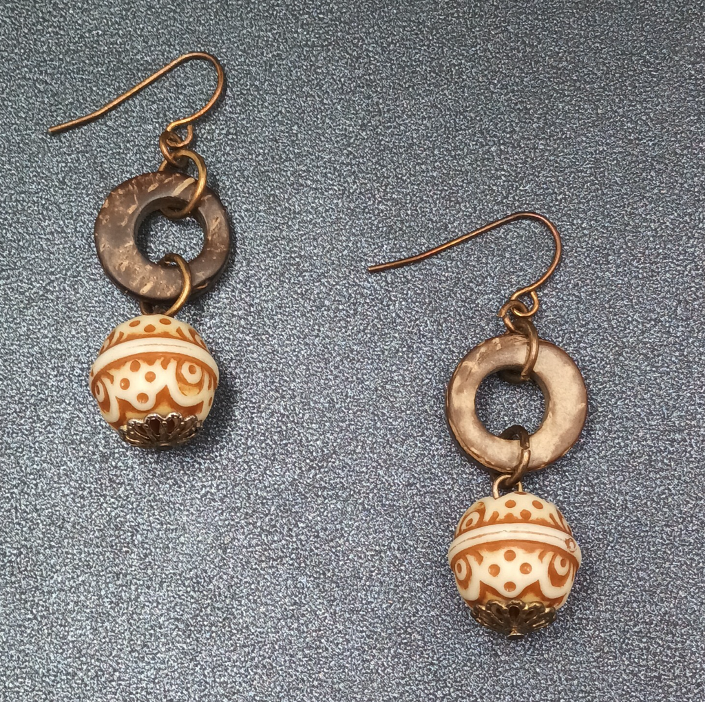 Pierced Earrings Carved Coconut Shell Copper tone Hook Statement Dangle 1 3/8"